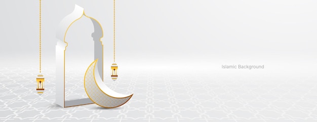 Vector islamic banner background with crescent lantern and gate in white and gold color vector illustration