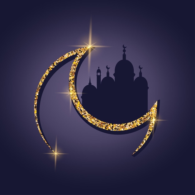 Vector islamic banner for celebration holy month of muslim community religion concept arabic mosque silhouette with gold moon star text eid mubarak greeting card vector illustration in realistic style