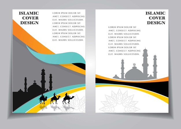 Islamic book cover design template with mosque and camels on desert, vector ready print