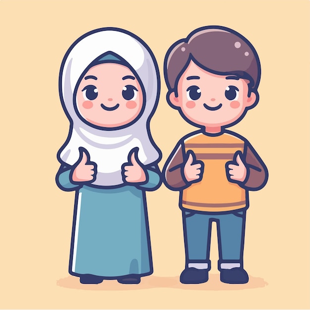 Islamic cartoon cute Muslim couple giving appreciation with thumbs up