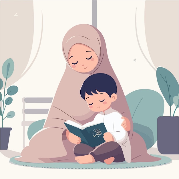 Islamic cartoon illustration of mom teaching son to read the holy book at home