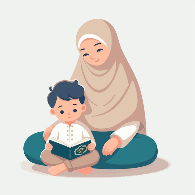 Illustrazione di cartone animato islamico di una madre che insegna a un figlio a leggere il libro su uno sfondo bianco