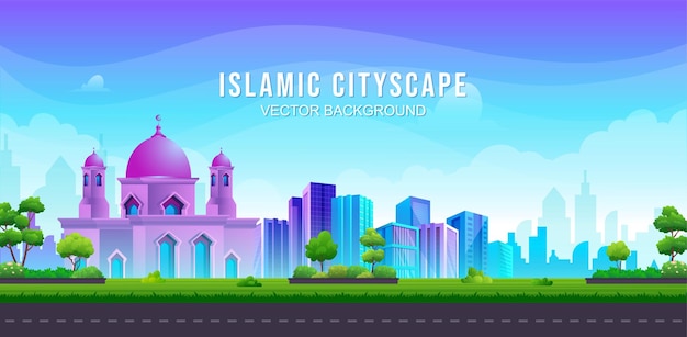 Vector islamic city park or urban garden with colorful mosque,  skyscrapers and beautiful summer landscape