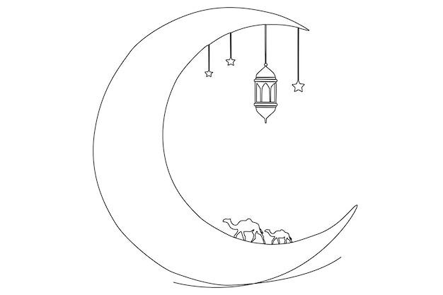 Islamic crescent moon with lantern and camel one line art