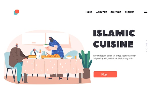 イスラム料理のランディングページテンプレート伝統的なアラブの家族の夕食母父と息子のキャラクターがイフタールを食べる
