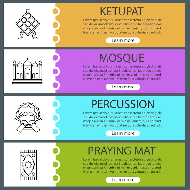 Islamic culture web banner templates set. Ketupat, mosque, daf, praying mat. Website menu items with linear icons. Vector headers design concepts