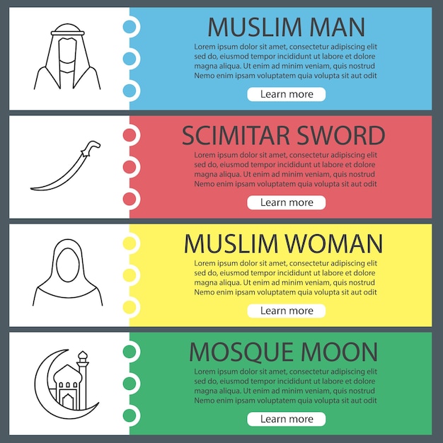 Islamic culture web banner templates set. Muslim man and woman, scimitar sword, mosque and ramadan moon. Website menu items with linear icons. Vector headers design concepts