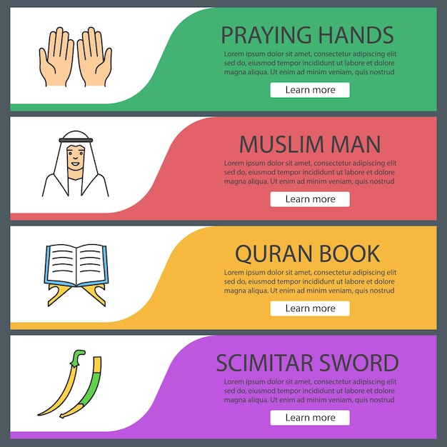 Vettore set di modelli di banner web cultura islamica. mani in preghiera, uomo musulmano, libro del corano, spada a scimitarra. voci di menu a colori del sito web. concetti di design delle intestazioni vettoriali