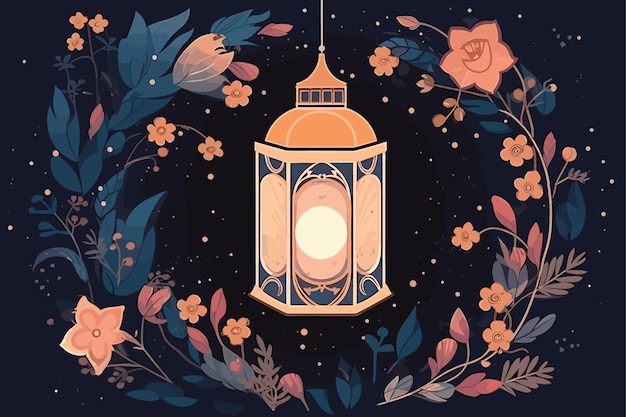 Исламский милый фонарь полумесяц и цветок украшен акварелью абстрактный белый