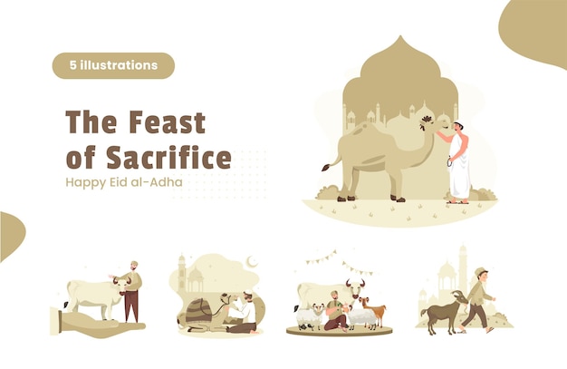 Islamic day Eid Adha with the feast of sacrifice illustration set
