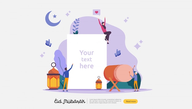 Vettore concetto islamico dell'illustrazione di progettazione per il saluto felice di eid mubarak o ramadan con il carattere della gente.