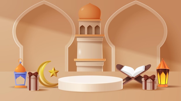 Vector islamic display podium decoration background with islamic ornament vector 3d illustration