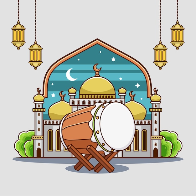 Islamic drum for ramadan celebration with mosque and gold lantern