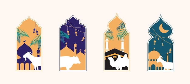 Islamic eid al adha sacrificial day greeting card with ornamental arabic frame with sacrificial sheep goat cow and camel