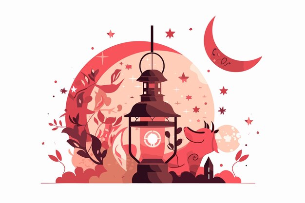 Vector islamic eid cute lantern and seasoning and crescent moon and vector illustration white background