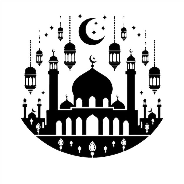 Islamic eid mubarak stylish greeting with mosque and lamps silhouette vector