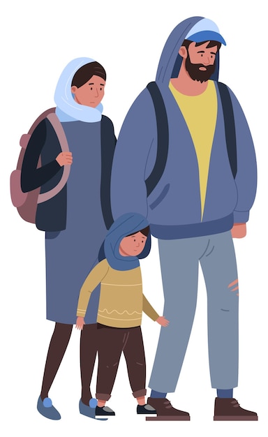 Vector islamic family walking together middle eastern refugees