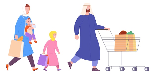 Islamic family with supermarket trolley Muslim people in store