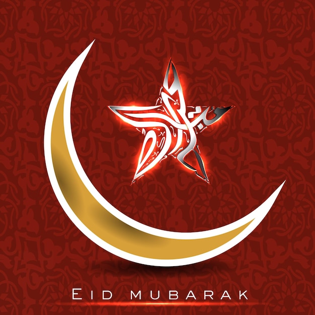 Islamic festival of eid mubarak celebration concept with light effect star curve moon on red floral pattern background