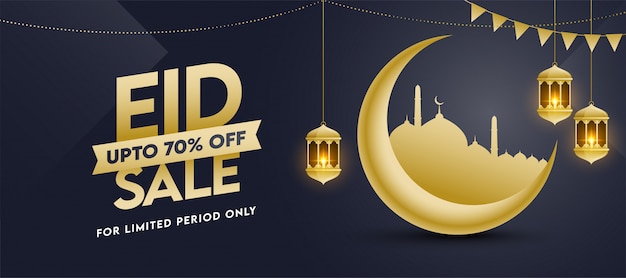 Исламский фестиваль eid sale banner design с золотым полумесяцем, мечетью и подвесными фонарями