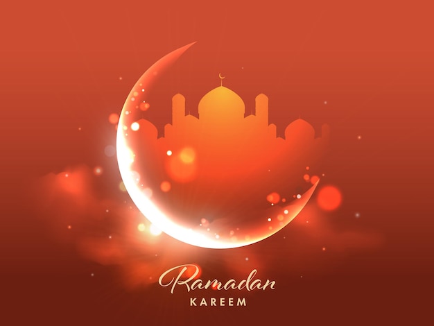 Vector islamic festival ramadan kareem poster design glossy crescent moon with silhouette mosque on brown light effect background