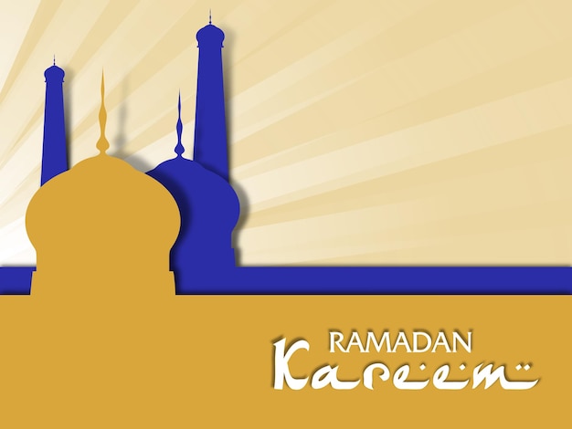 Vector islamic festival ramadan kareem stylish card design with paper cut mosque on yellow rays background