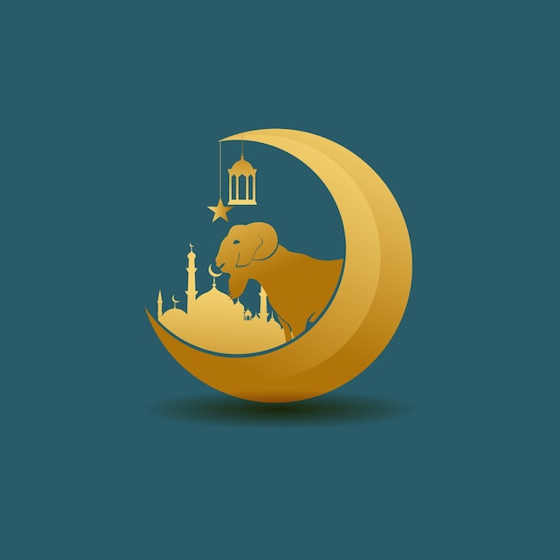 Islamic festival of sacrifice EidAlAdha Mubarak banner with mosque silhouette and sheep in crescent moon blue background