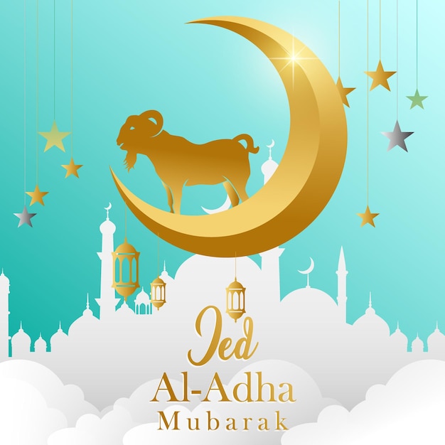 Islamic festival of sacrifice EidAlAdha Mubarak banner with mosque silhouette and sheep in crescent moon