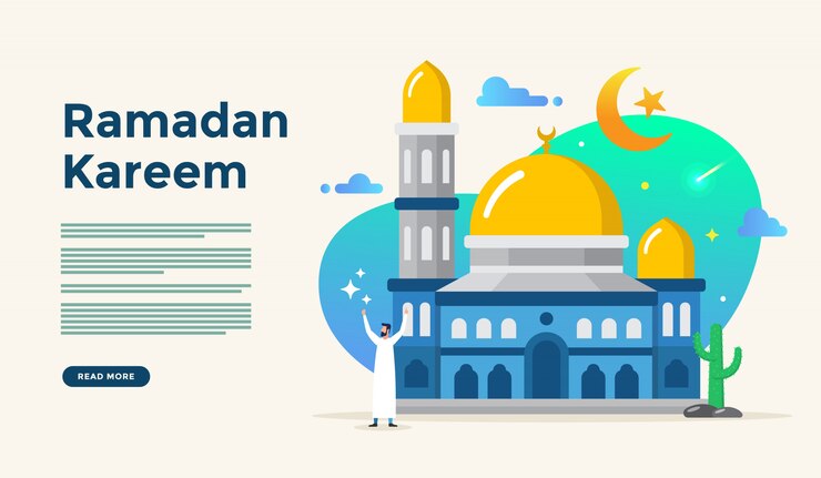 웹 방문 페이지 템플릿에 대한 사람들이 문자 개념 해피 아이드 fitr 또는 adha mubarak 및 라마단 카림 이슬람 평면 디자인 일러스트 레이션
