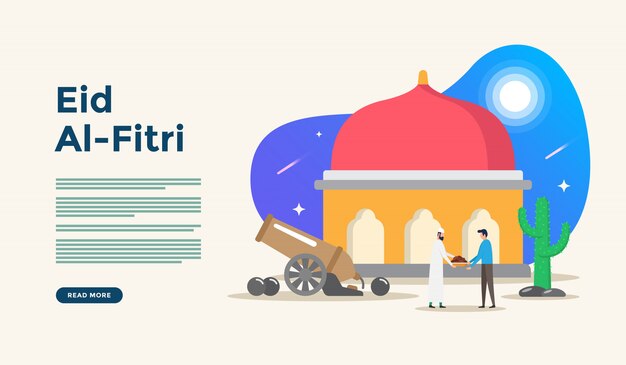 Islamic flat design illustration for happy eid fitr or adha mubarak and ramadan kareem with people character concept for web landing page template