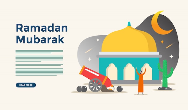 Illustrazione di design piatto islamica per felice eid fitr o adha mubarak e ramadan kareem con il concetto di carattere persone per il modello di pagina di destinazione web