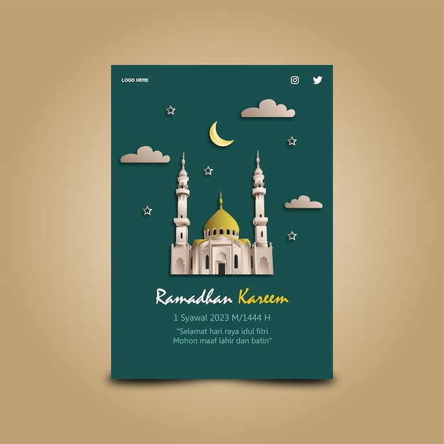 Volantino islamico, poster e design del modello di social media o design piatto con sfondo verde