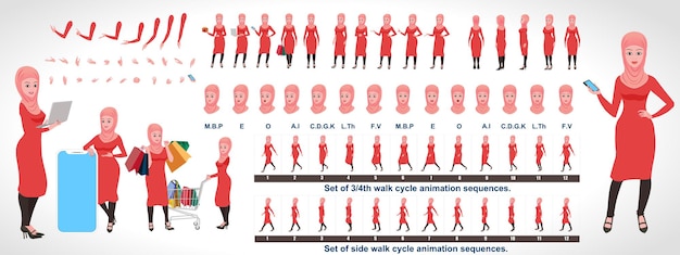 Islamic girl character design, animation poses character set