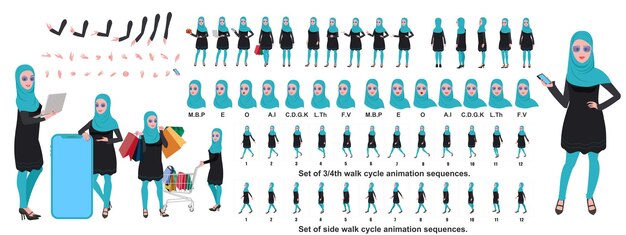 Islamic Girl Character Design, animation poses Character set