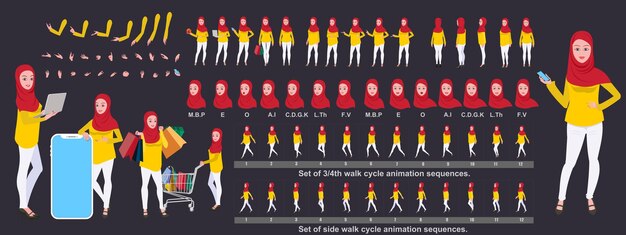 Islamic Girl Character Design, animation poses Character set