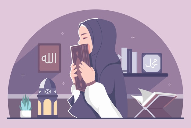 Vector islamic girl with quran in the month of ramadan