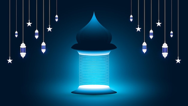 Islamic greeting background design with beautiful blue lantern