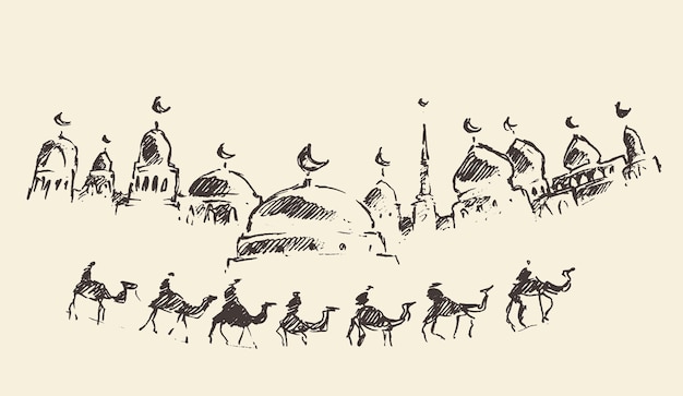ラマダン カリームの聖なる月のイスラムのグリーティング カード、ラクダのキャラバンとモスクのシルエット
