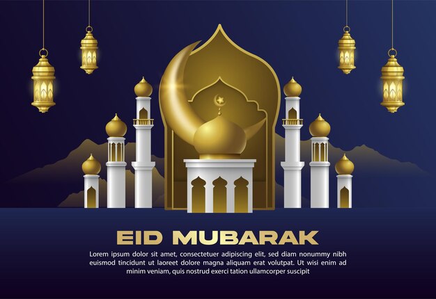 Vector islamic greeting eid mubarak design background template with beautiful lanterns and crescent