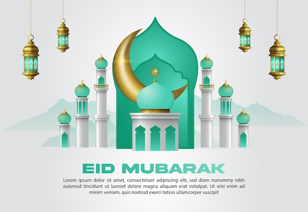 Vector islamic greeting eid mubarak design background template with beautiful lanterns and crescent