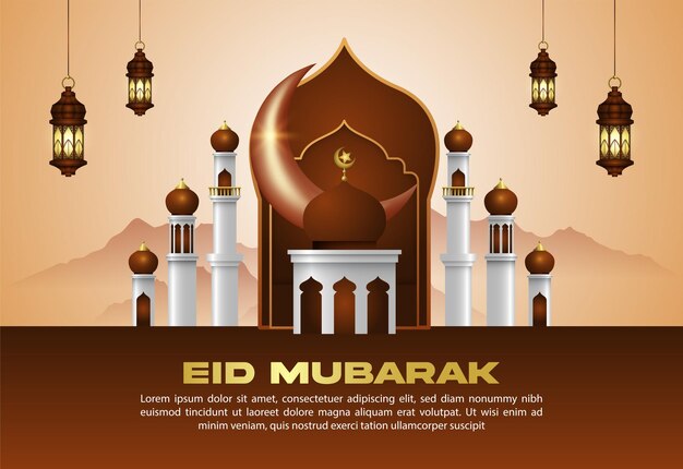Saluto islamico eid mubarak modello di sfondo di design con bellissime lanterne e mezzaluna