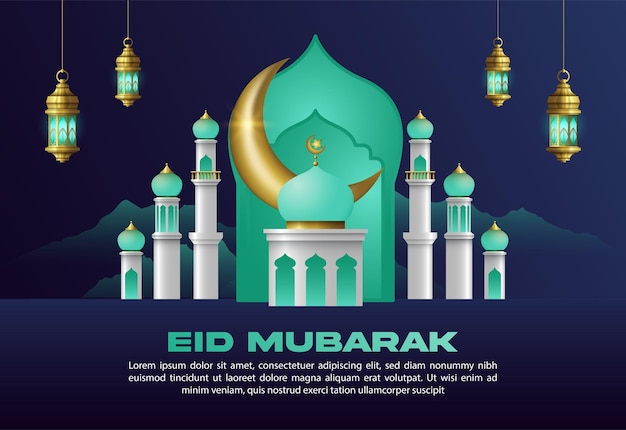 Vector islamic greeting eid mubarak design background template with beautiful lanterns and crescent