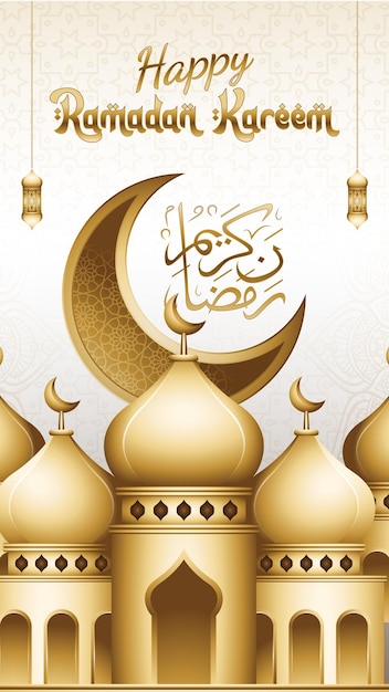 Islamic Greeting Ramadaan Kareem Story Template With 3D Gold Design and Arabic Calligraphy Lantern Crescent and Mosque