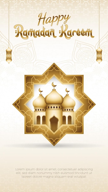 Islamic Greeting Ramadaan Kareem Story Template With 3D Gold Design and Arabic Calligraphy Lantern ElHizb and Mosque