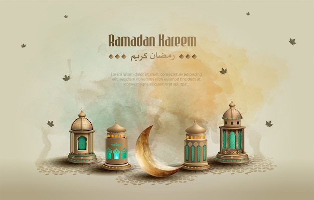 Islamic greeting ramadan kareem card design background with beautiful lanterns and crescent moon