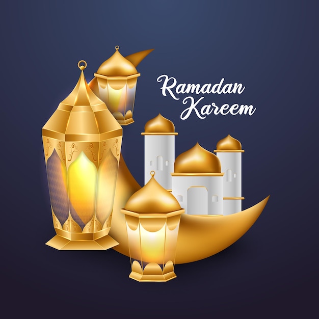 Vettore saluto islamico ramadan kareem card design sfondo con lanterne luna e moschea