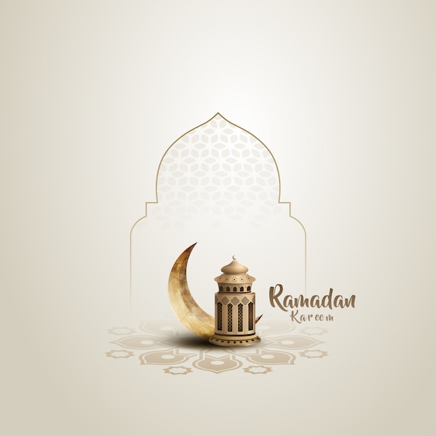 Islamic greeting ramadan kareem card design with beautiful golden lantern and crescent