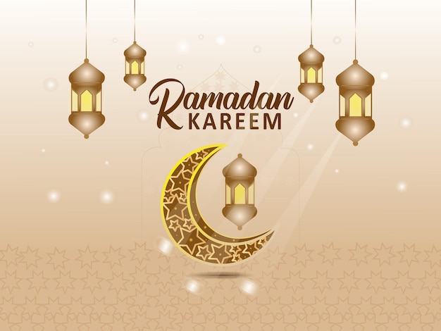 Исламское приветствие рамадан карим с красивыми фонарями и полумесяцем