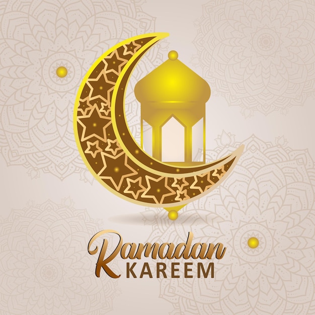 Islamic greeting Ramadan Kareem with beautiful lanterns and crescent moon