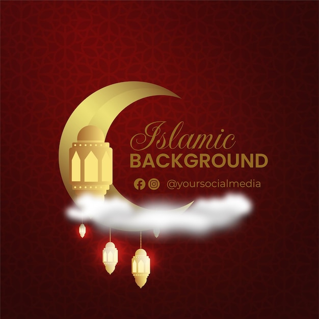 Islamic Greetings Design dark red Background with Golden Crescent Moon